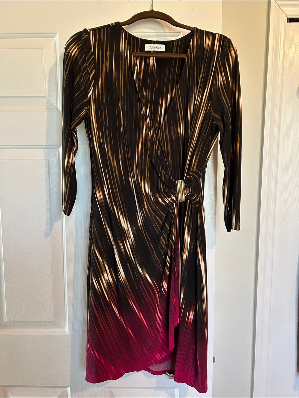 Calvin Klein Black and Gold Midi Wrap Dress with Pink Hem